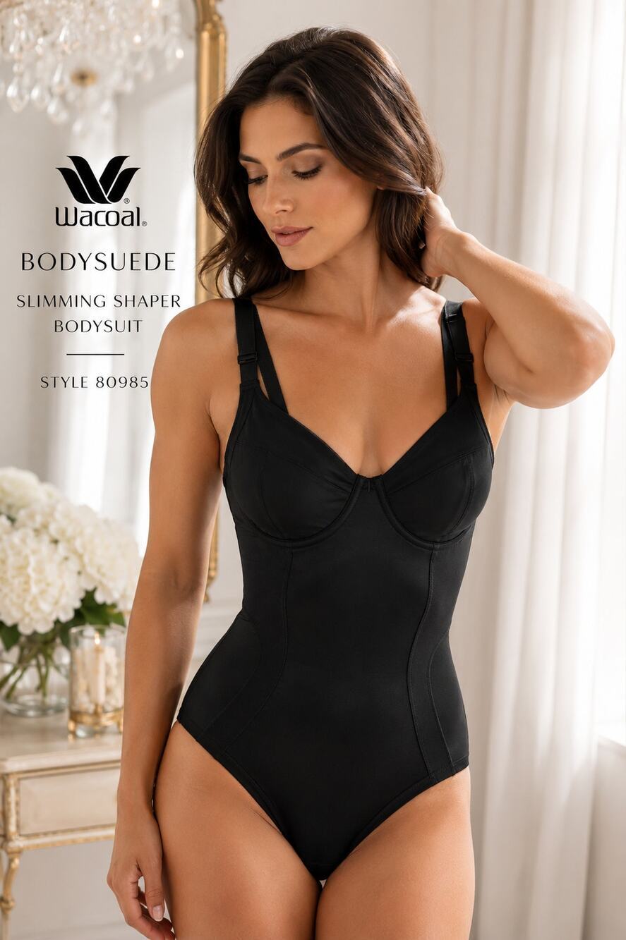 Wacoal 80985 Bodysuede Slimming Shaper Bodysuit Black Underwire Shapewear, 36D